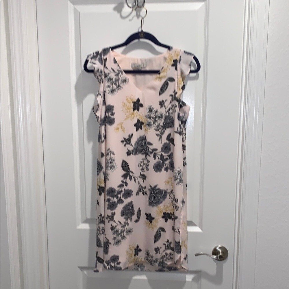 LOFT S Soft Pink and Gray Sheath Midi Dress Lined Sleeveless Flutter V-neck N012